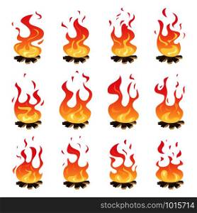 Camp fire animation. Outdoor fireplace hiking bonfire burn vector key frames. Bonfire motion, animation burn campfire illustration. Camp fire animation. Outdoor fireplace hiking bonfire burn vector key frames