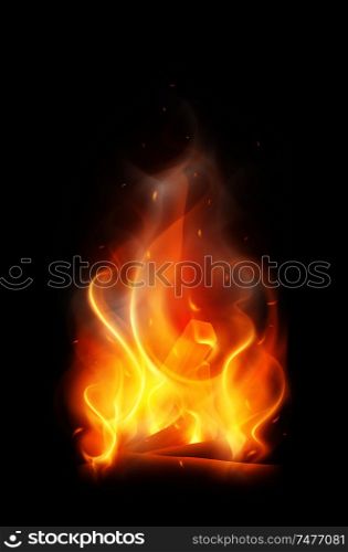 Camp fire flame realistic composition with colourful vertical image of wire with smoke on black background vector illustration