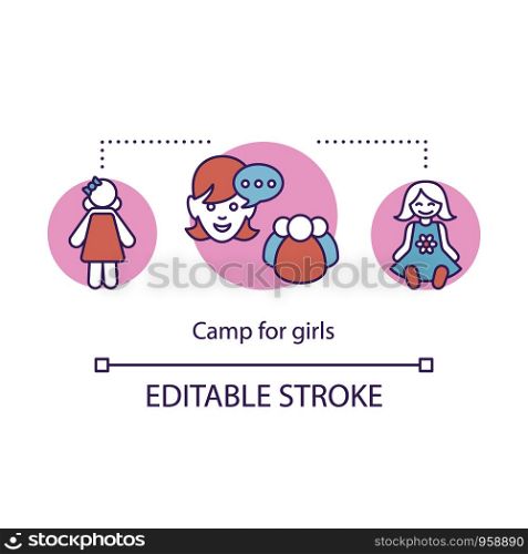 Camp for girls concept icon. Summer fun activities club idea thin line illustration. Child holiday resort. Educational after school facility. Vector isolated outline drawing. Editable stroke