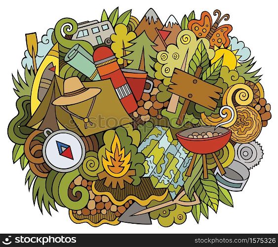 Camp hand drawn cartoon doodles illustration. Funny camping design. Creative art vector background. Adventure symbols, elements and objects. Colorful composition. Camp hand drawn cartoon doodles illustration. Funny camping design.