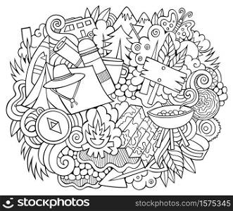 Camp hand drawn cartoon doodles illustration. Funny camping design. Creative art vector background. Adventure symbols, elements and objects. Line art composition. Camp hand drawn cartoon doodles illustration. Funny camping design.