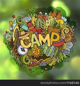 Camp hand lettering and doodles elements and symbols background. Vector blurred illustration. Summer camp hand lettering and doodles elements background