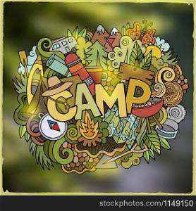 Camp hand lettering and doodles elements and symbols background. Vector blurred illustration. Summer camp hand lettering and doodles elements background