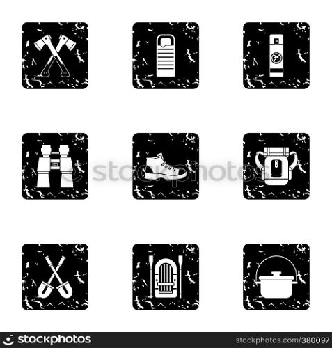 Camp icons set. Grunge illustration of 9 camp vector icons for web. Camp icons set, grunge style