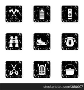 Camp icons set. Grunge illustration of 9 camp vector icons for web. Camp icons set, grunge style