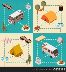 Camp Isometric Compositions. Camp isometric compositions with lines vehicles and tourist equipment forest elements and bonfire isolated vector illustration
