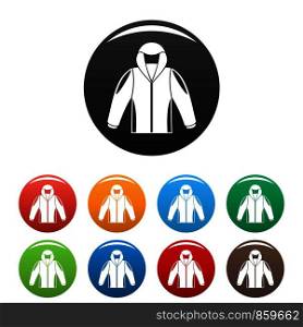 Camp jacket icons set 9 color vector isolated on white for any design. Camp jacket icons set color