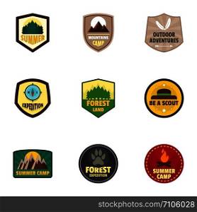 Camp logo emblem set. Flat set of 9 camp vector logo emblem for web design. Camp logo emblem set, flat style