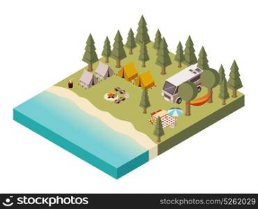 Camp Near Lake Isometric Illustration. Camp near lake with van tents and bonfire umbrella table and chairs picnic baskets isometric vector illustration