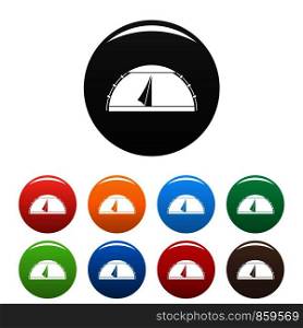 Camp round tent icons set 9 color vector isolated on white for any design. Camp round tent icons set color