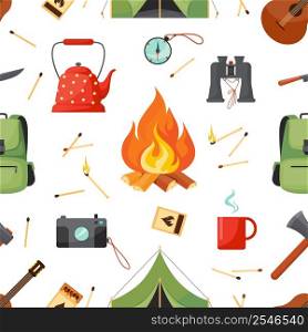 Camp seamless pattern. Summer adventure abstract picnic background. Tourism on nature with cute icons. Camping tents, fire and backpack. Hiking tools on white backdrop. Decor textile, vector print. Camp seamless pattern. Summer adventure abstract picnic background. Tourism on nature with cute icons. Camping tents, fire and backpack. Hiking tools. Decor textile, vector print