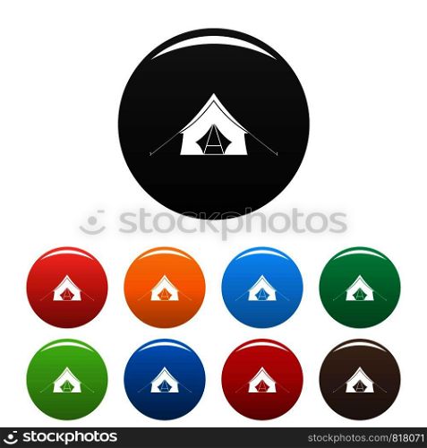 Camp tent icons set 9 color vector isolated on white for any design. Camp tent icons set color
