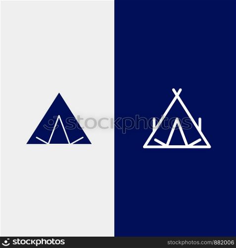 Camp, Tent, Wigwam, Spring Line and Glyph Solid icon Blue banner Line and Glyph Solid icon Blue banner