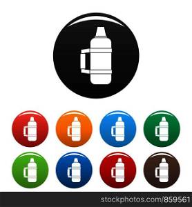 Camp thermos icons set 9 color vector isolated on white for any design. Camp thermos icons set color