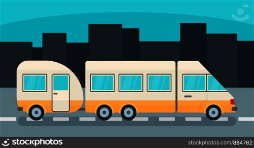 Camp truck with trail background. Flat illustration of camp truck with trail vector background for web design. Camp truck with trail background, flat style