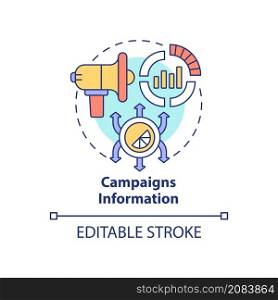 Campaigns information concept icon. Control different ways of advertisement abstract idea thin line illustration. Isolated outline drawing. Editable stroke. Roboto-Medium, Myriad Pro-Bold fonts used. Campaigns information concept icon