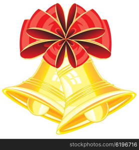 Campanulas from gild and bow. Red small bow and two golden campanulas on white background