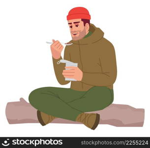 Camper eating canned food semi flat RGB color vector illustration. Sitting figure. Healthy appetite. Foodie lifestyle. Person eating out alone isolated cartoon character on white background. Camper eating canned food semi flat RGB color vector illustration