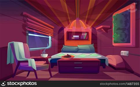 Camper interior with bed, bookshelves, chair and nightstand. Empty modern trailer car at night. Vector cartoon bedroom in camping van with cozy furniture. Minibus for travel and vacation inside. Empty interior of camper, trailer car at night
