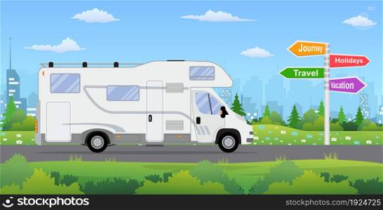 camper van on city background. Travel, journey, holidays road sign. Vector illustration in flat style. camper van on city background.