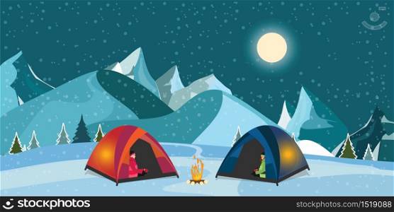 Campfire and tourist tent on snowy meadow, Camping and hiking in winter, adventure concept vector illustration.