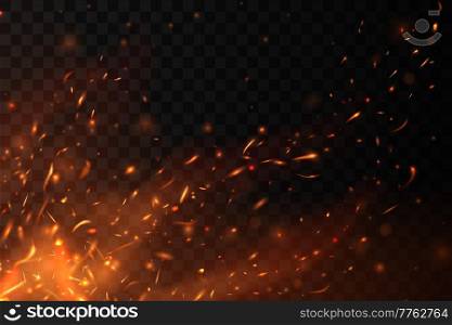 Campfire, fireplace flying sparks, burning red flame. Realistic 3d vector background with glowing fire or bonfire red and orange flame particles fly up in air. Firestorm, balefire on black backdrop. Campfire, fireplace flying sparks, burning flame
