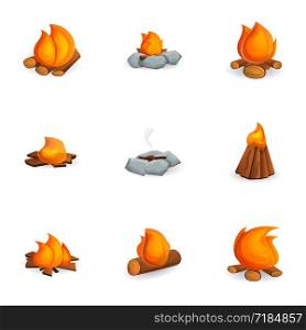 Campfire icon set. Cartoon set of 9 campfire vector icons for web design isolated on white background. Campfire icon set, cartoon style