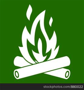 Campfire icon white isolated on green background. Vector illustration. Campfire icon green