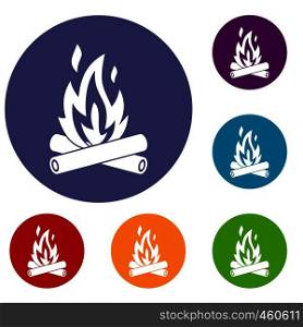 Campfire icons set in flat circle reb, blue and green color for web. Campfire icons set