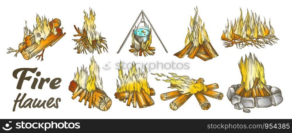 Campfire Ink Collection Set Vector. Forest Burning Firewood For Cooking Soup Meal. Warming Camping Tourist Campsite Light Element Hand Drawn In Vintage Style Color Illustrations. Campfire Collection Different Ink Color Set Vector