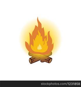 Campfire vector icon illustration isolated on white. Crossed logs and fire flame in cartoon style. Bonfire vector icon