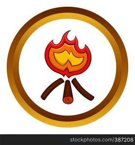 Campfire vector icon in golden circle, cartoon style isolated on white background. Campfire vector icon