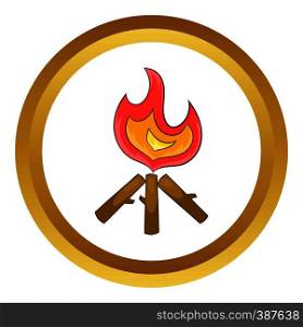 Campfire vector icon in golden circle, cartoon style isolated on white background. Campfire vector icon