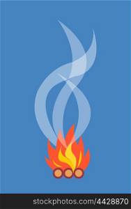 Campfire with Smoke Isolated Illustration on White. Red-and-yellow campfire with smoke rising from flames isolated vector illustration on blue . Fire is used for cooking and sitting by during camping