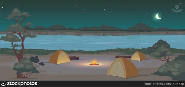 Campground at night flat color vector illustration. Recreation in nature. Summertime active leisure. Camping journey. Tents 2D cartoon landscape with river and woodland at midnight on background. Campground at night flat color vector illustration