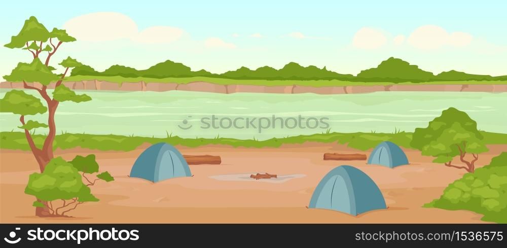 Campground flat color vector illustration. Wild river bank. Recreation in nature. Summertime active leisure. Camping journey. Tents 2D cartoon landscape with woodland on background. Campground flat color vector illustration