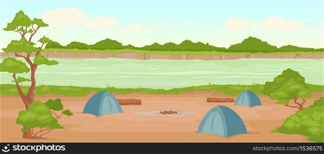 Campground flat color vector illustration. Wild river bank. Recreation in nature. Summertime active leisure. Camping journey. Tents 2D cartoon landscape with woodland on background. Campground flat color vector illustration