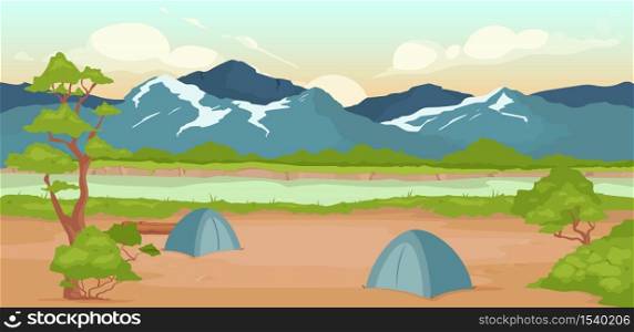 Campground flat color vector illustration. Wild river bank. Recreation in nature. Summertime active leisure. Hiking journey. Tents 2D cartoon landscape with rocky mountains on background. Campground flat color vector illustration