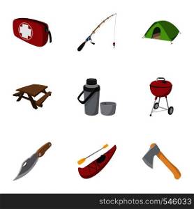 Campground icons set. Cartoon illustration of 9 campground vector icons for web. Campground icons set, cartoon style