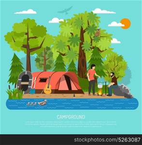 Campground Recreation Family Summer Tent Poster . Summer family tube tent in campsite recreation area with couple cooking on campfire by the river vector illustration