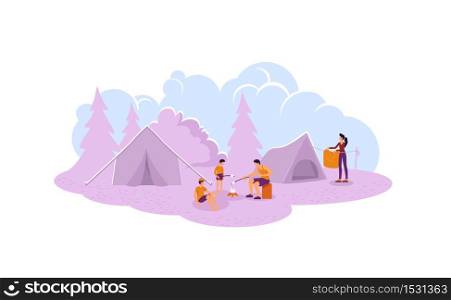 Camping 2D vector web banner, poster. Family hiking. Recreation on nature. Parents with children near bonfire characters on cartoon background. Resting in tents printable patch, colorful web element. Camping 2D vector web banner, poster