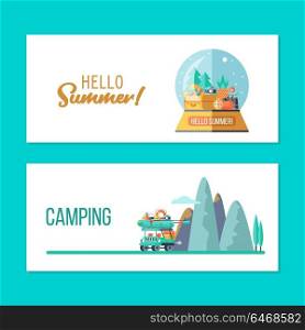 Camping. A trip out of town and car. Summer outdoor recreation. Stay in a tent, fishing, outdoor games. Mountain landscape. A souvenir in a glass ball. Vector illustration.
