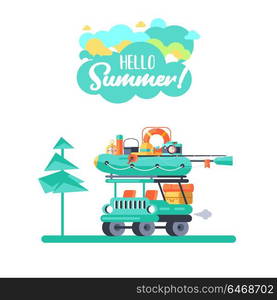 Camping. A trip out of town and car. Summer outdoor recreation. Stay in a tent, fishing, outdoor games. Mountain landscape. Vector illustration.