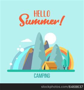 Camping. A trip out of town on nature. Summer outdoor recreation. Stay in a tent, fishing, outdoor games. Mountain landscape. Vector illustration.