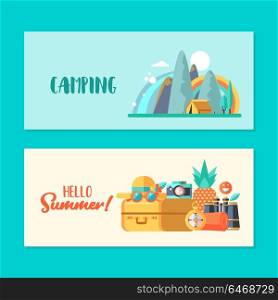 Camping. A trip out of town on nature. Summer outdoor recreation. Stay in a tent, fishing, outdoor games. Mountain landscape. Vector illustration.
