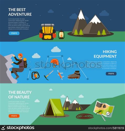Camping adventure horizontal banner set with hiking equipment elements isolated vector illustration. Camping Adventure Banner Set