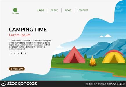 Camping Adventure Lake Nature Landscape Cartoon Landing Page Web Template