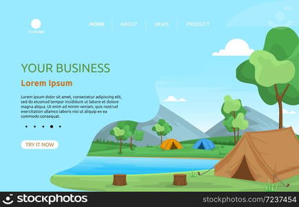 Camping Adventure Lake Nature Landscape Cartoon Landing Page Web Template