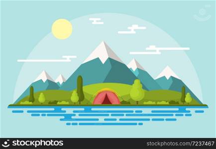Camping Adventure Outdoor Park Mountain Nature Landscape Cartoon Illustration