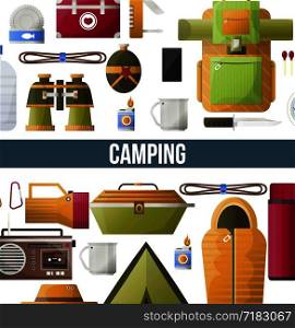 Camping adventure poster for summer camp club or scout expedition. Vector camping and hiking tools icons of tent, sleeping bag and backpack with compass, radio or spade and flashlight. Camping adventure poster for summer camp club or scout expedition.